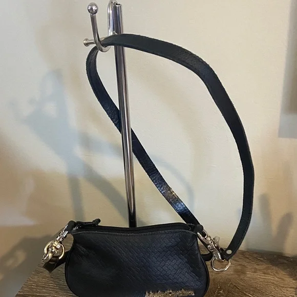 Harley-Davidson Black Textured Leather Crossbody Bag Nameplate Silver Hardware - Picture 3 of 6